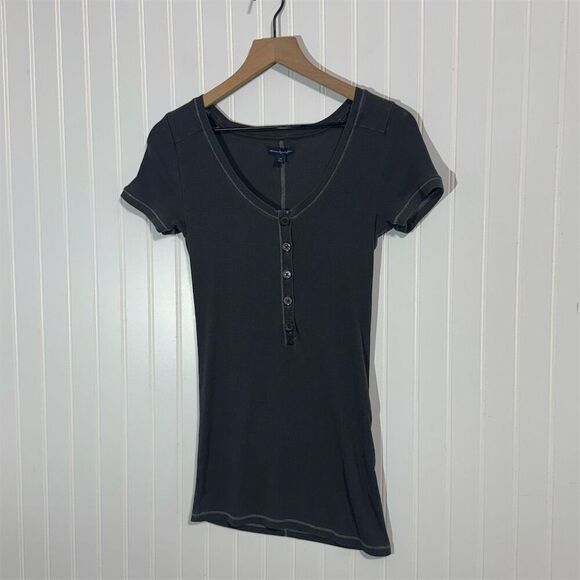 Y2K American Eagle Charcoal Gray Ribbed Henley Tee L Fitted Button 00s Preppy - Picture 1 of 9
